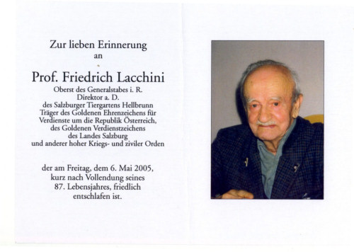 Friedrich Lacchini - Oberst der 8 Dienstklasse - Sterbebild