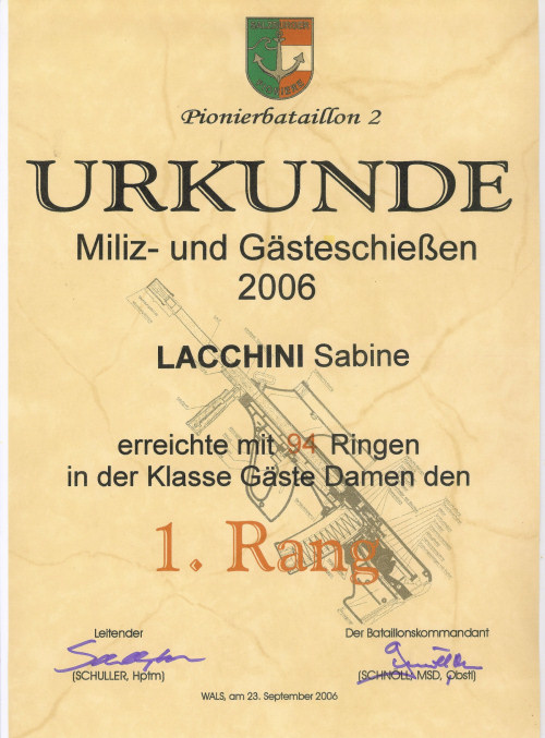 Sabine Lacchini  1. Platz Urkunde