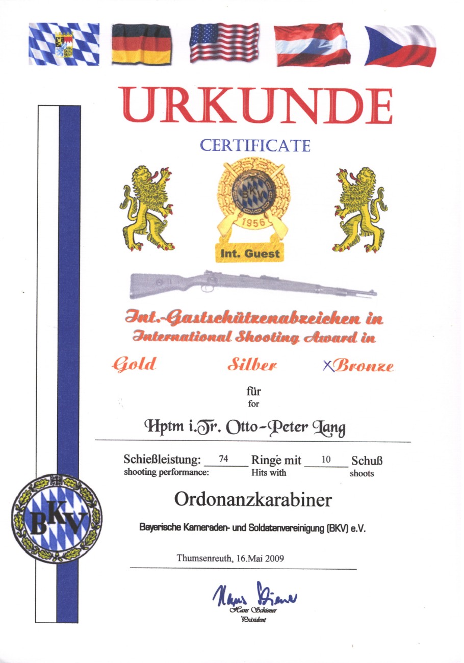 Urkunde Schießleistungsabzeichen in Bronze BKV