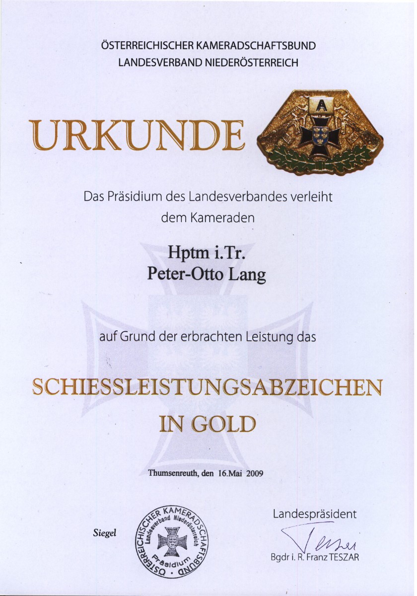 Urkunde Schießleistungsabzeichen in Gold